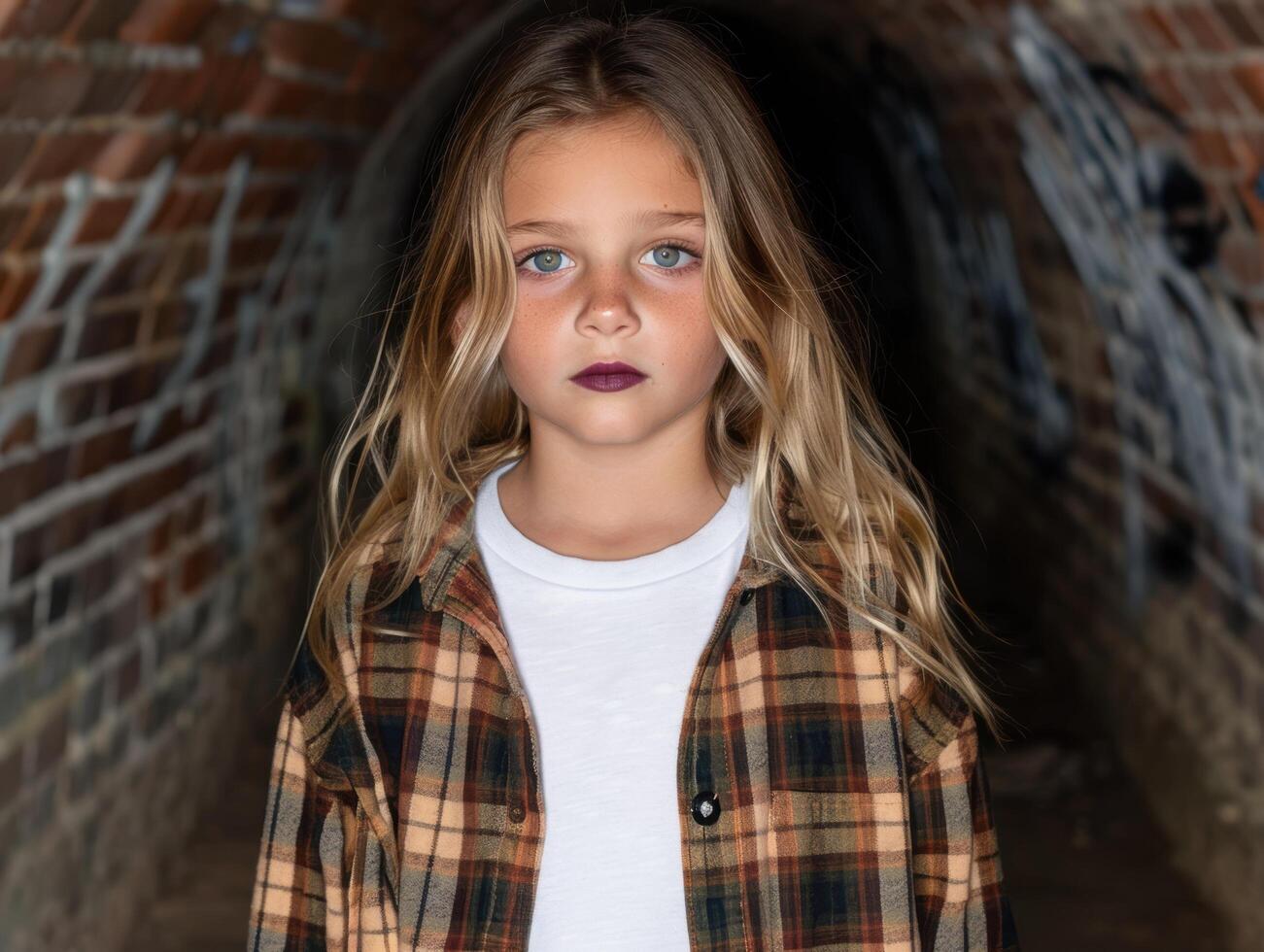 young girl with blonde hair and blue eyes wearing plaid jacket photo