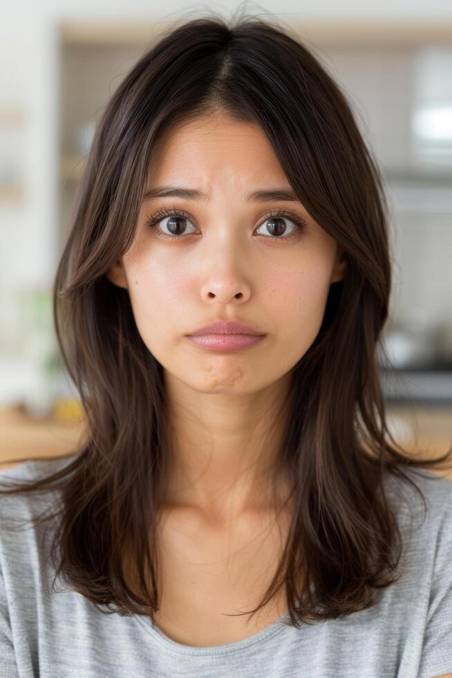Thoughtful young woman with long dark hair photo