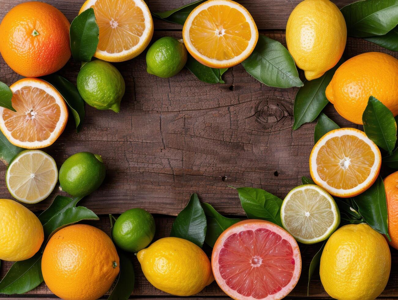 Assortment of fresh citrus fruits on wooden background photo