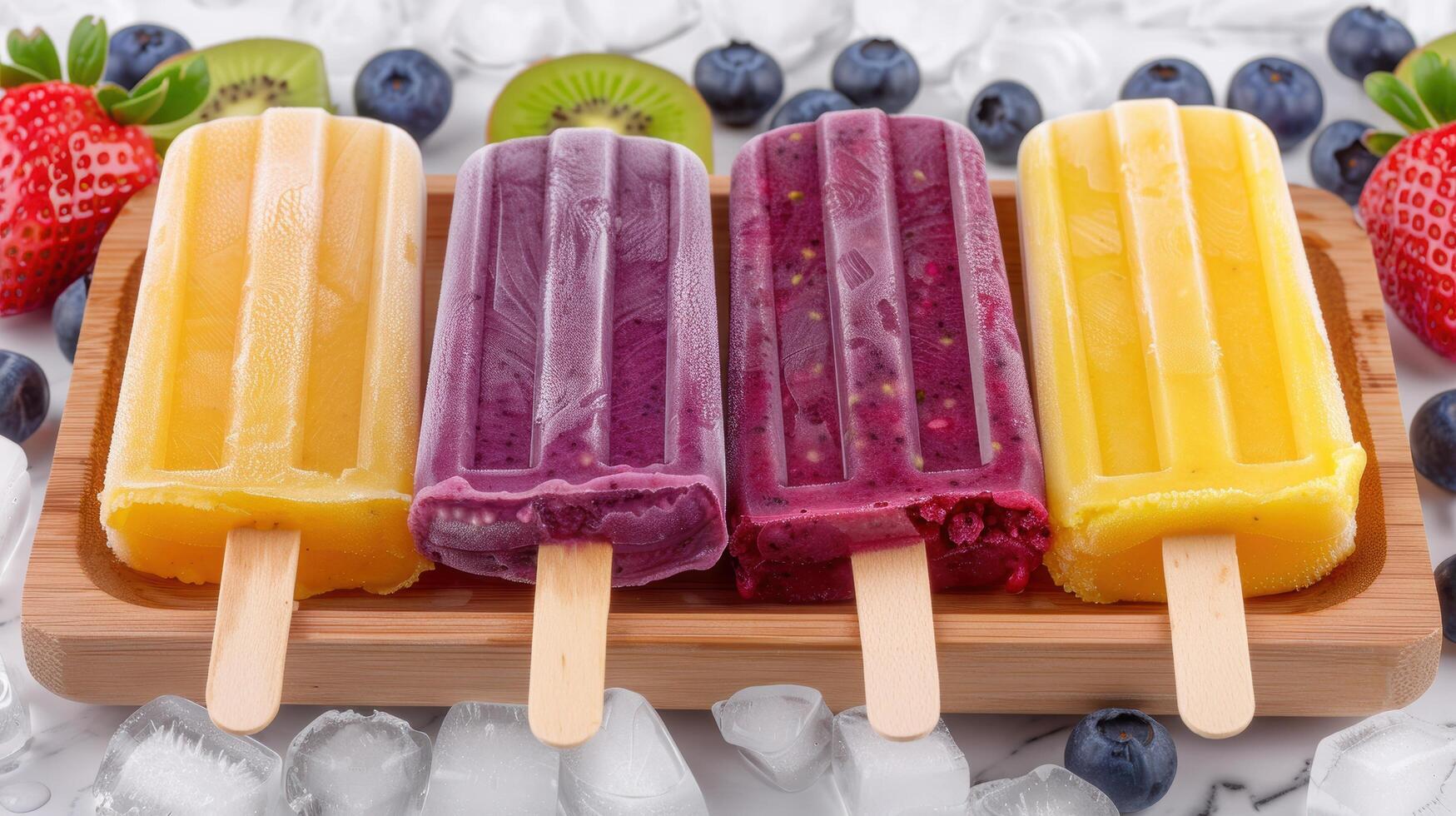Assortment of colorful frozen fruit popsicles photo