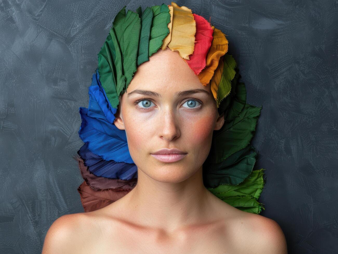 Vibrant portrait of a woman with a colorful floral headpiece photo