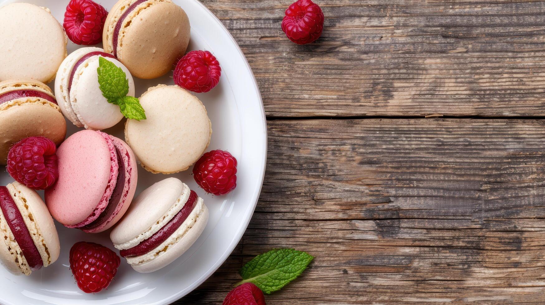 Assortment of colorful macarons and raspberries on a wooden background photo
