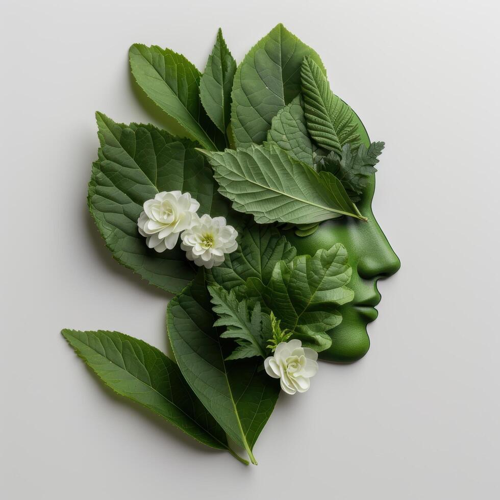 green face made of leaves and flowers photo