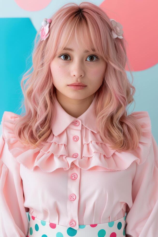 Cute girl with pink hair and floral accessories photo