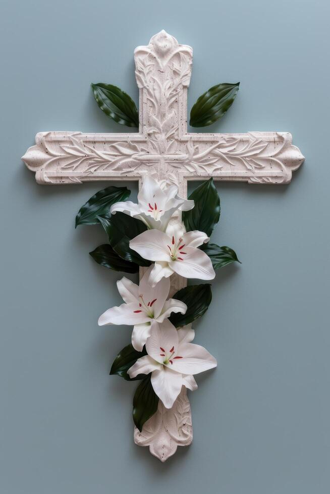 Ornate cross with white lilies photo