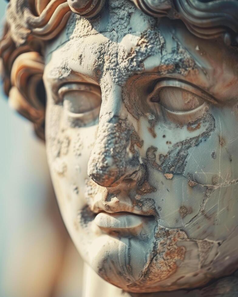 close up of a weathered stone face sculpture photo