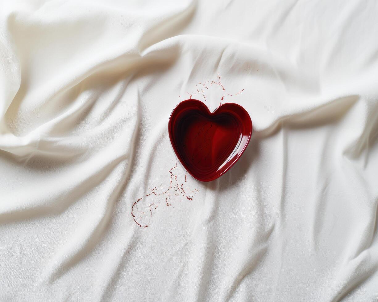 Red heart shaped object on white fabric photo
