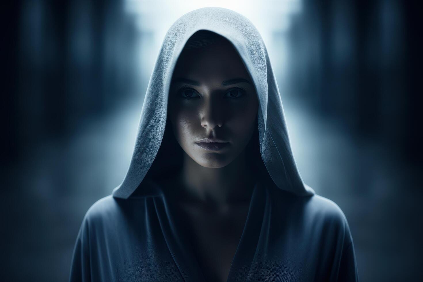 Mysterious hooded figure in the dark photo