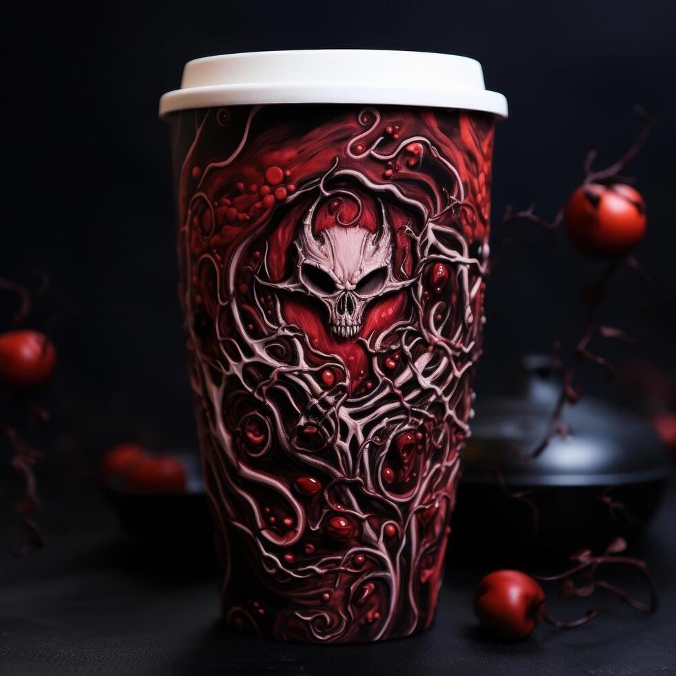 Intricate skull design on coffee cup photo
