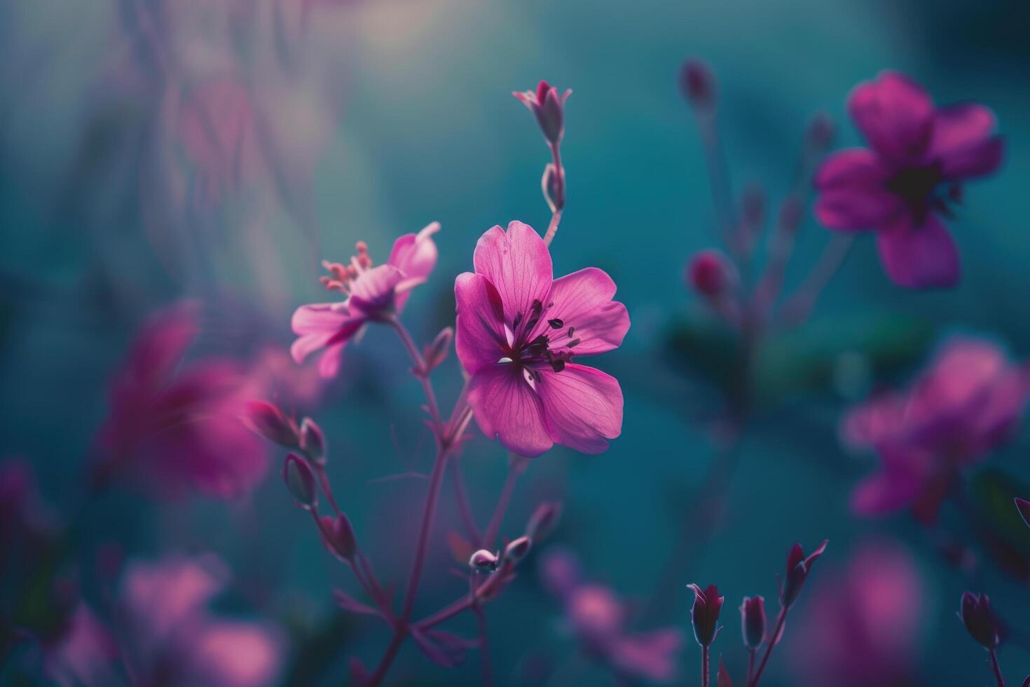 Vibrant pink flowers against a turquoise background photo