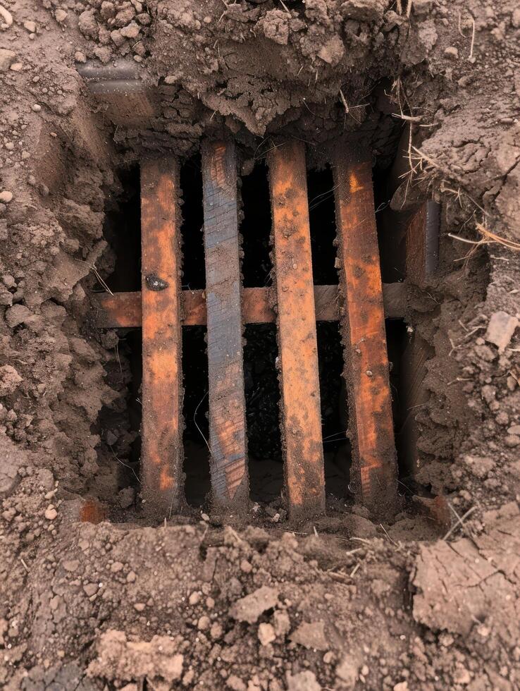 Rusty metal grate in dirt photo