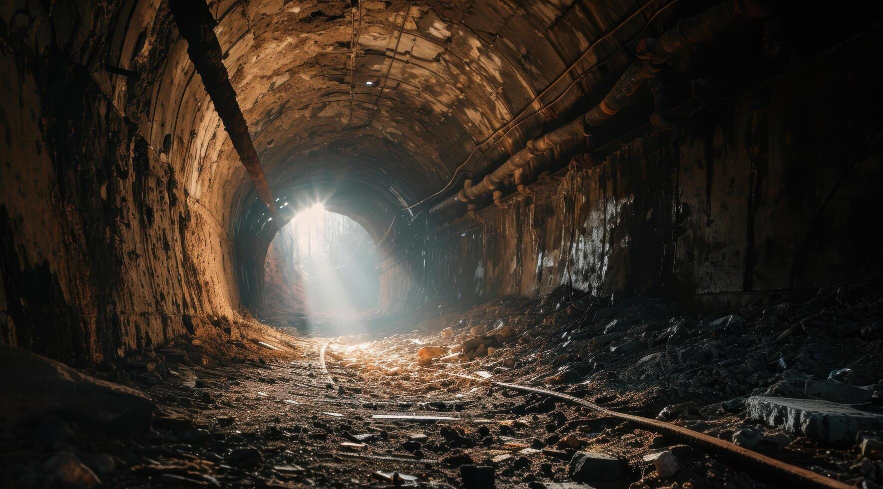Mysterious underground tunnel with glowing light at the end photo