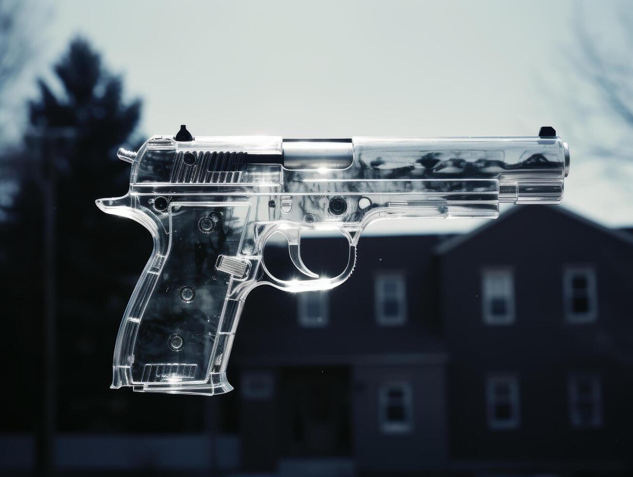 Transparent handgun in front of blurred background photo