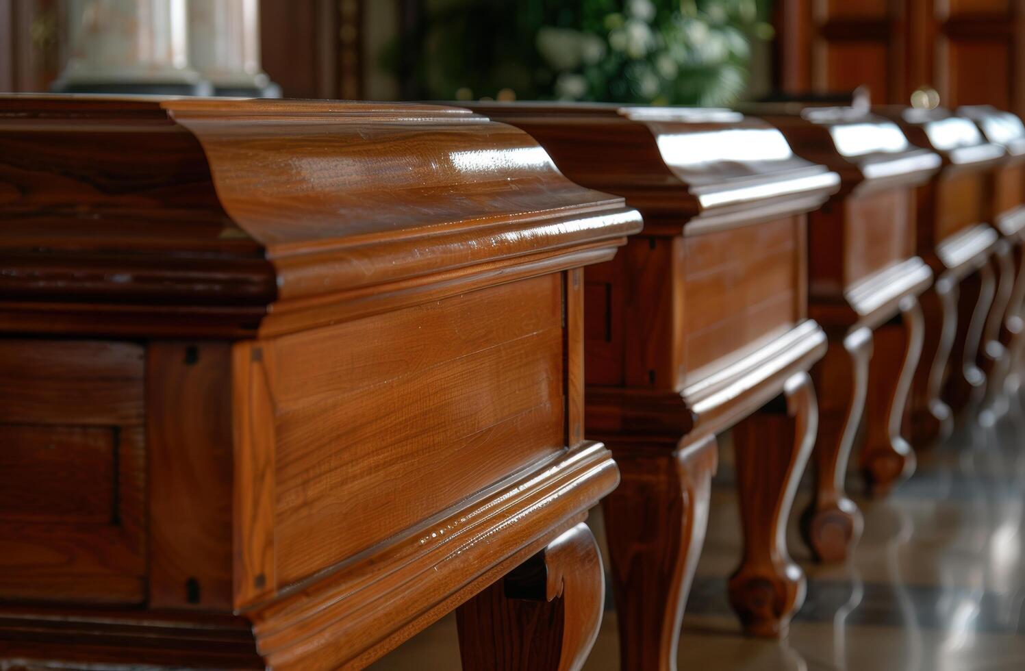 Rows of wooden church pews in a religious building photo
