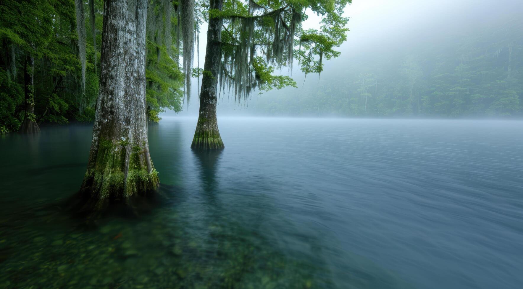 Serene misty lake surrounded by lush green forest photo