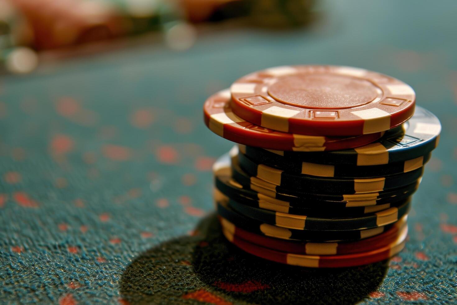 Stacked casino chips on a green felt table photo