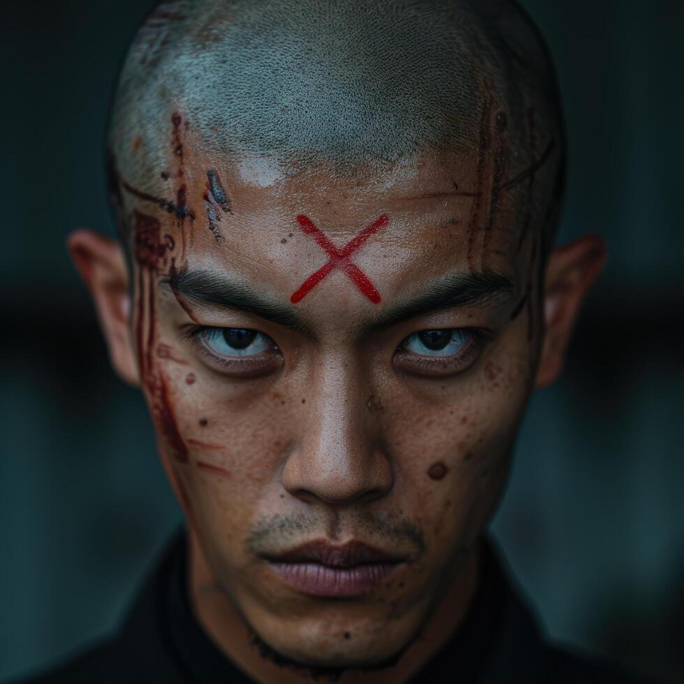 intense facial expression of a man with tattoos and red markings photo