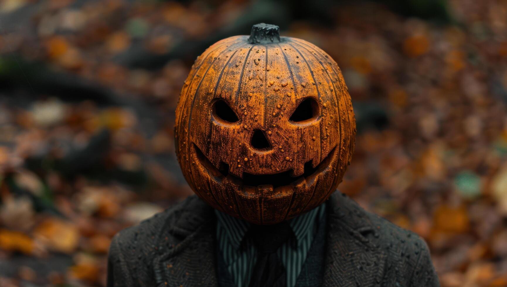 Spooky jack o lantern head in autumn leaves photo