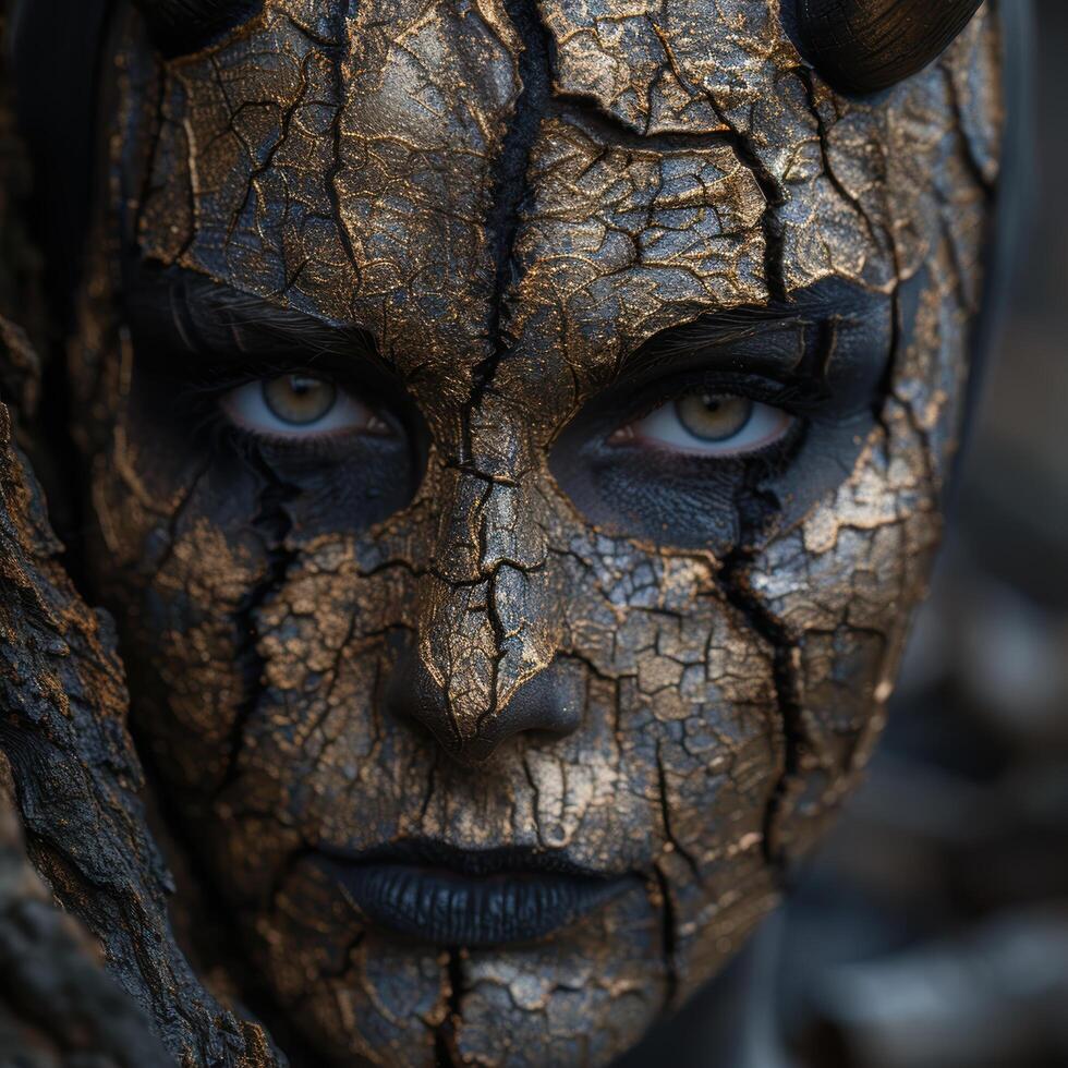 Mysterious cracked face with piercing eyes photo