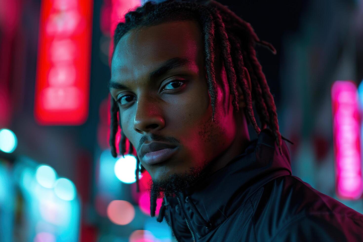 Thoughtful young man with dreadlocks in colorful lighting photo