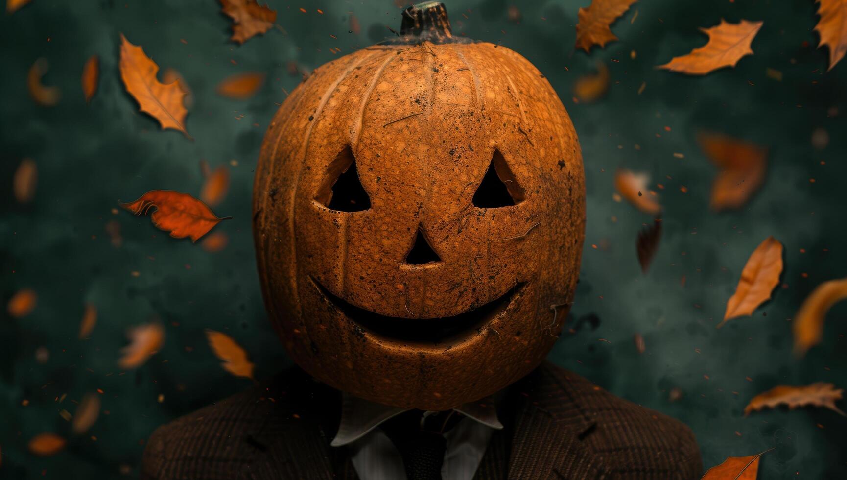 Spooky pumpkin head in autumn leaves photo