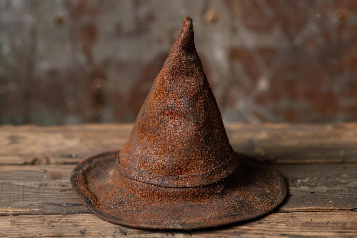 Rustic witchs hat on wooden surface photo