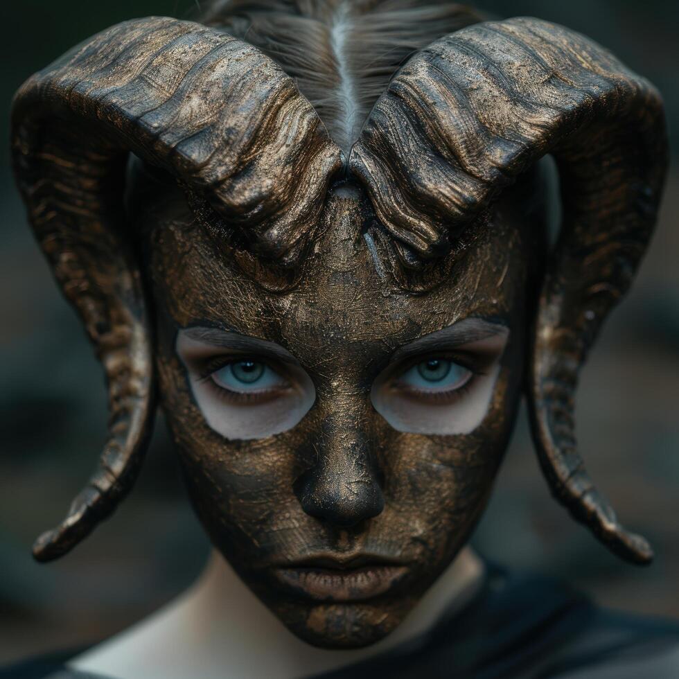 Mysterious fantasy creature with horns and piercing blue eyes photo