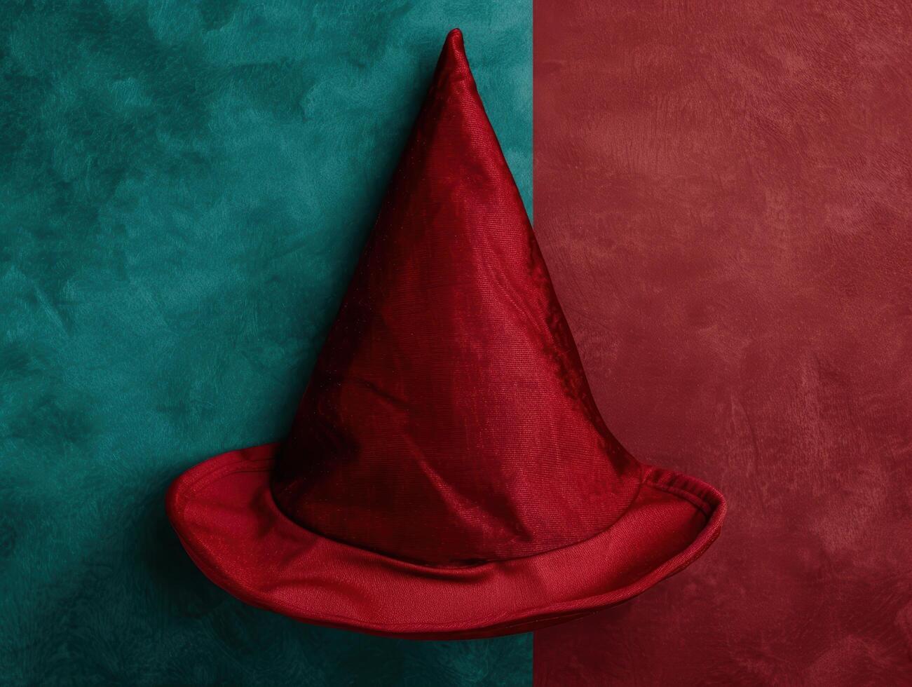 Vibrant red witch hat on contrasting green and red background photo