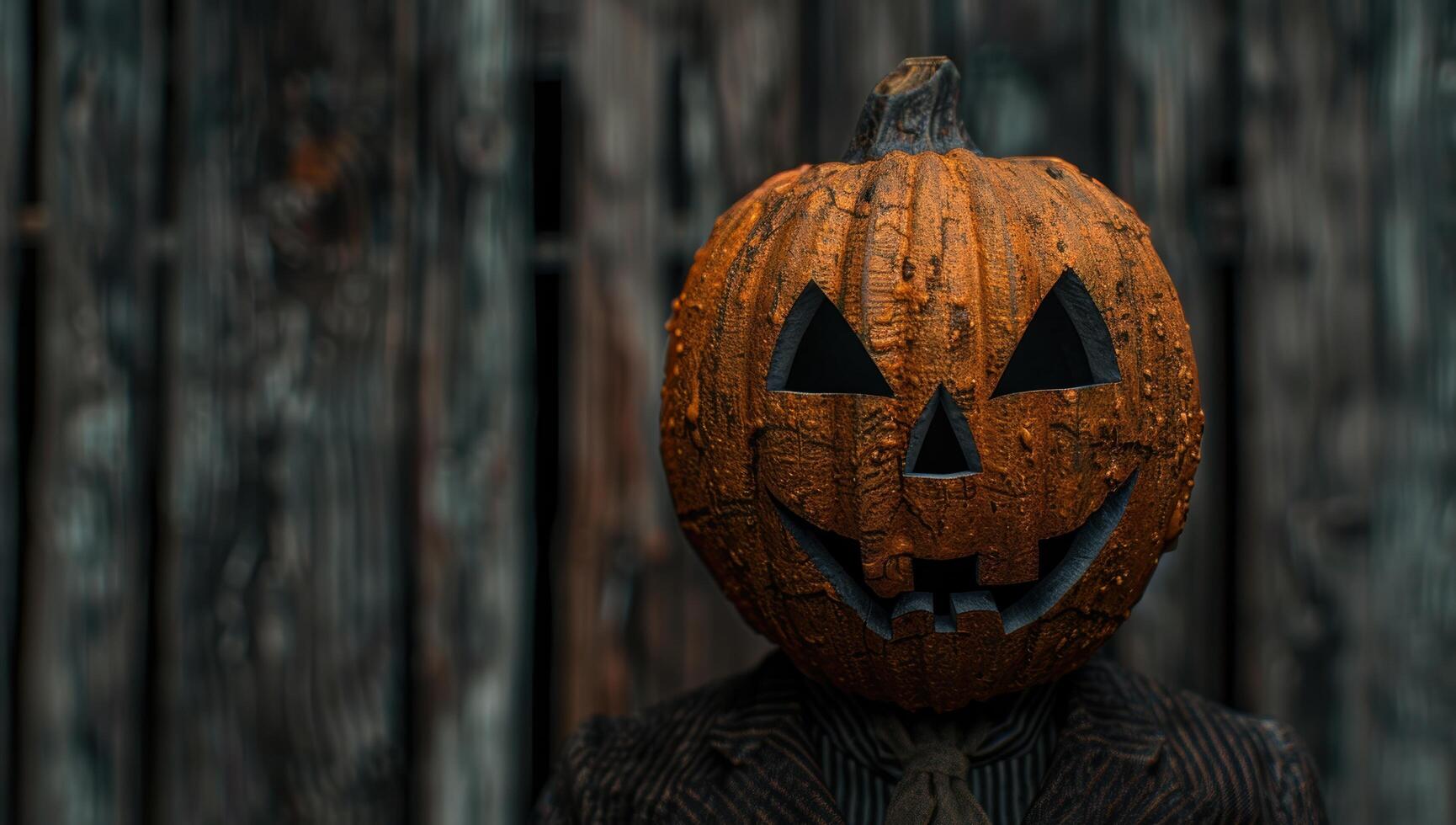 Spooky jack o lantern in dark forest photo