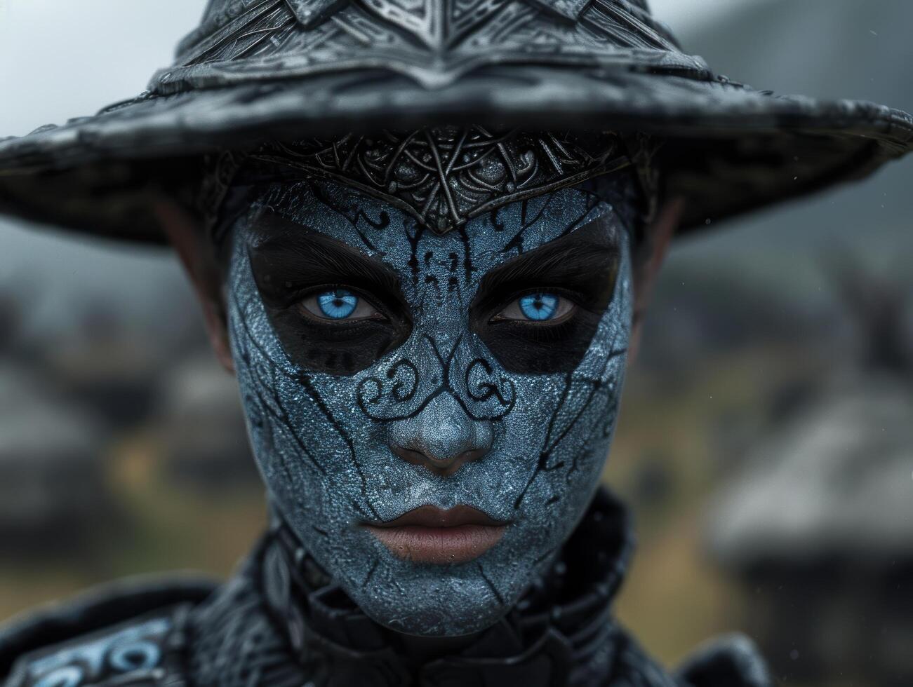 Mysterious warrior with intricate facial markings photo
