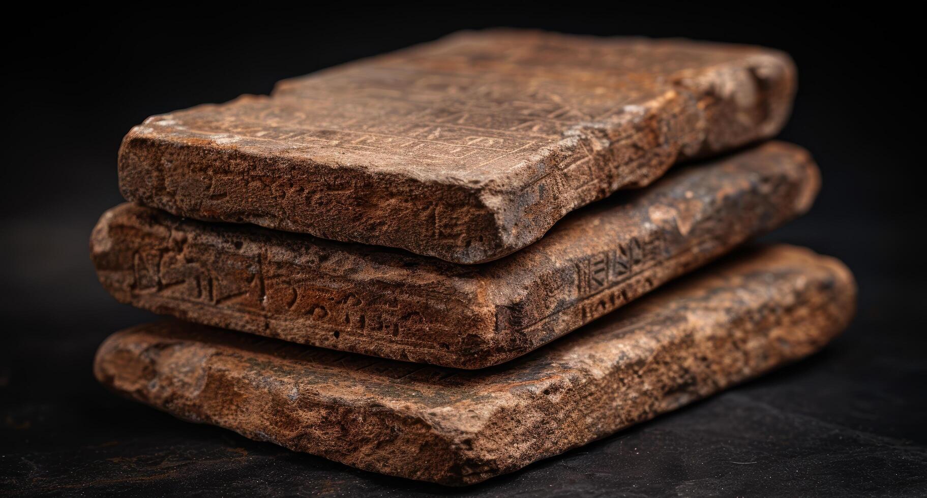 Stacked ancient stone tablets with carved symbols photo