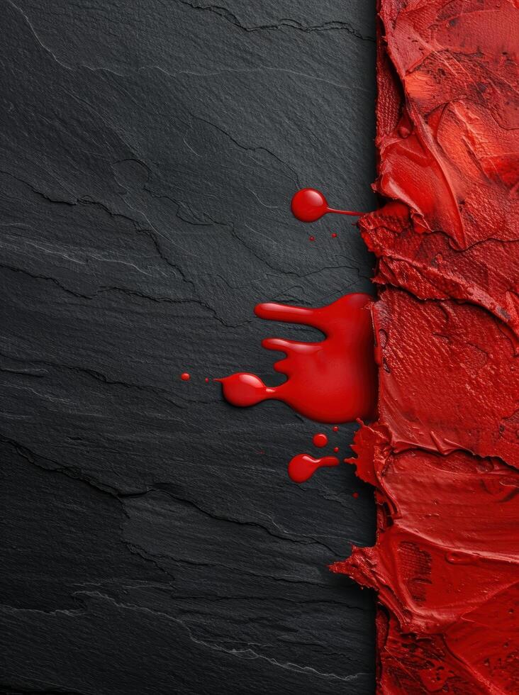 Dramatic red paint splatter on black slate background photo