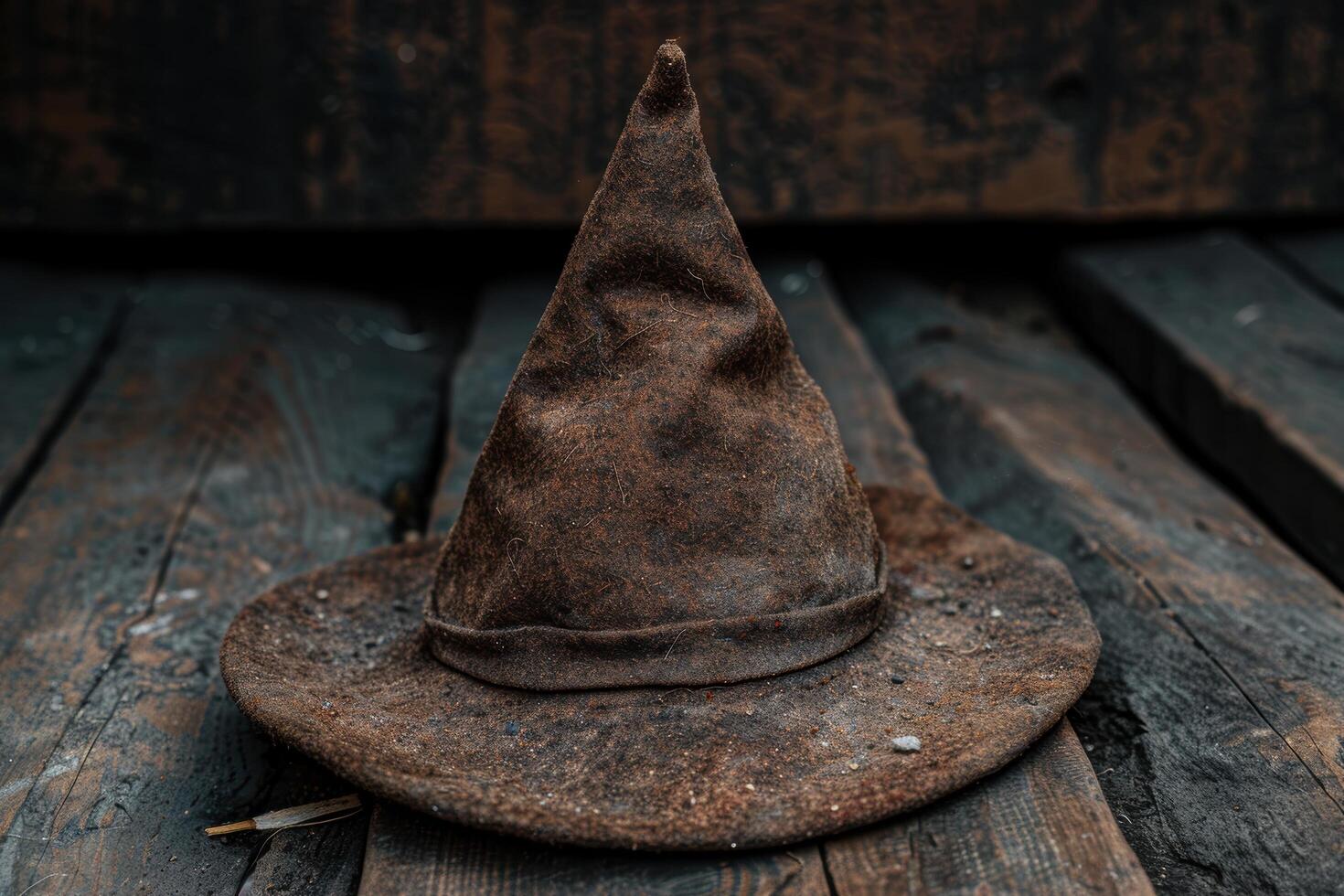 Worn and weathered witchs hat on a rustic wooden surface photo