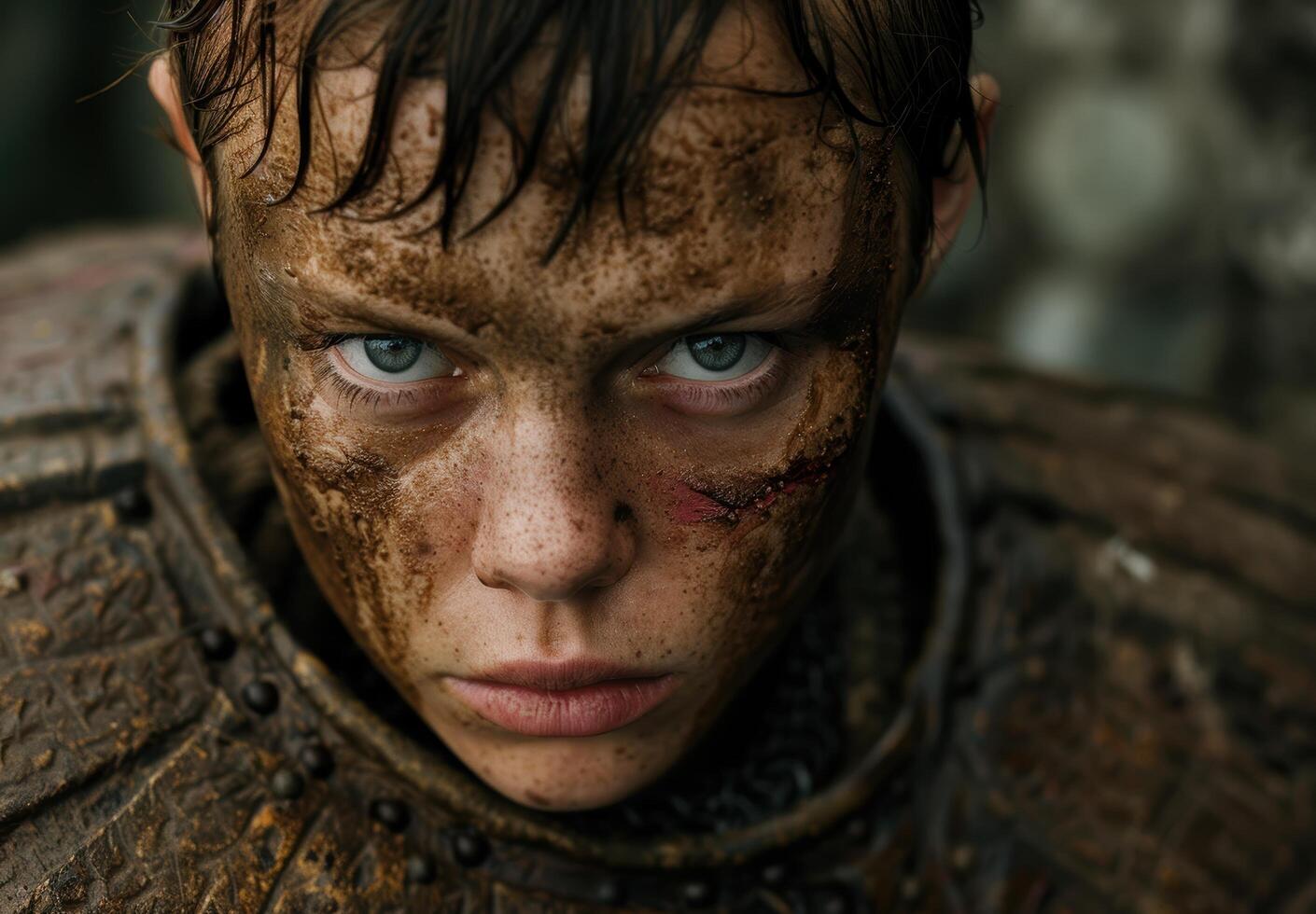 Intense gaze of a determined young person covered in dirt photo
