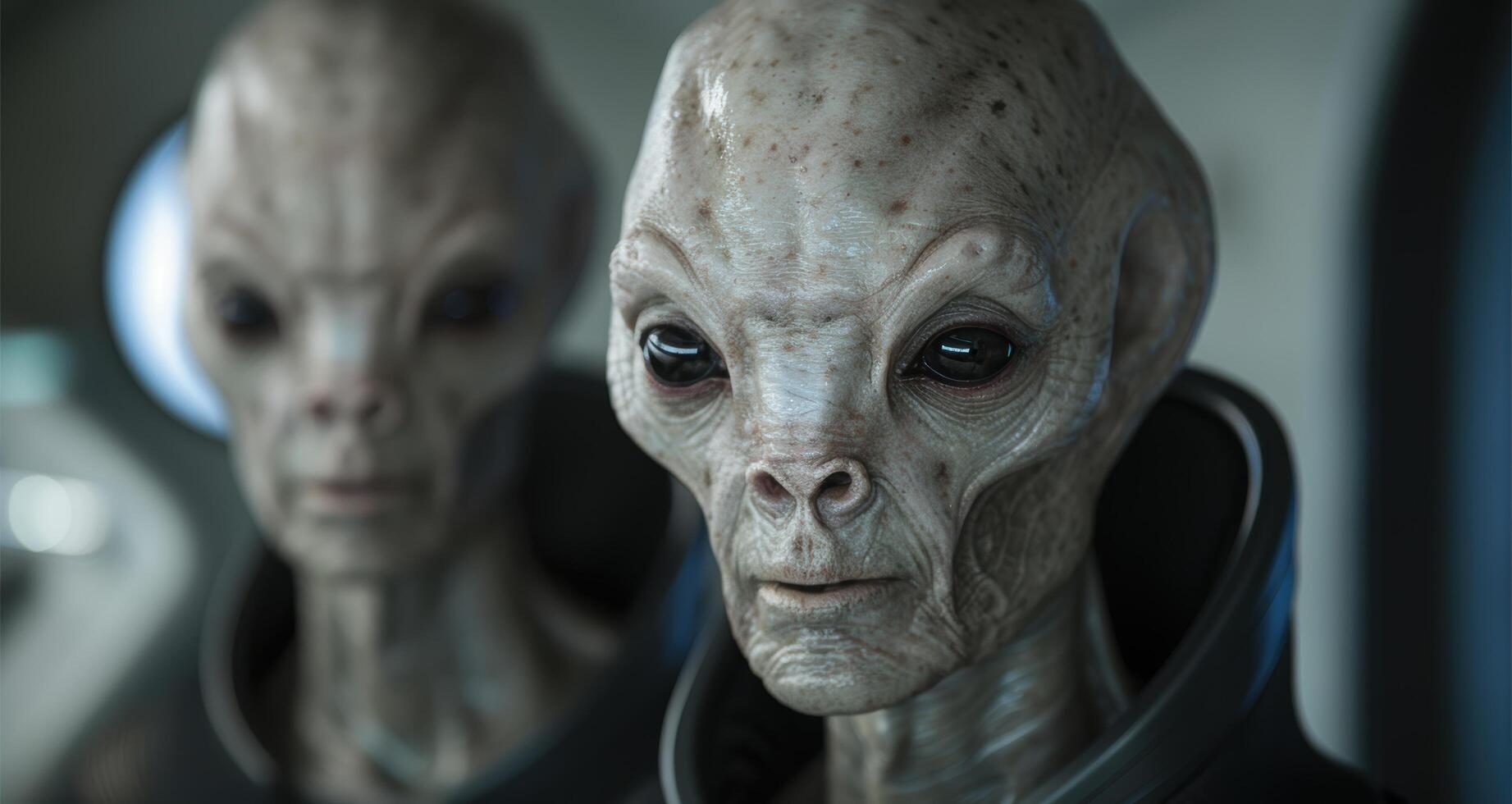 Close up of an alien with large eyes and wrinkled skin photo