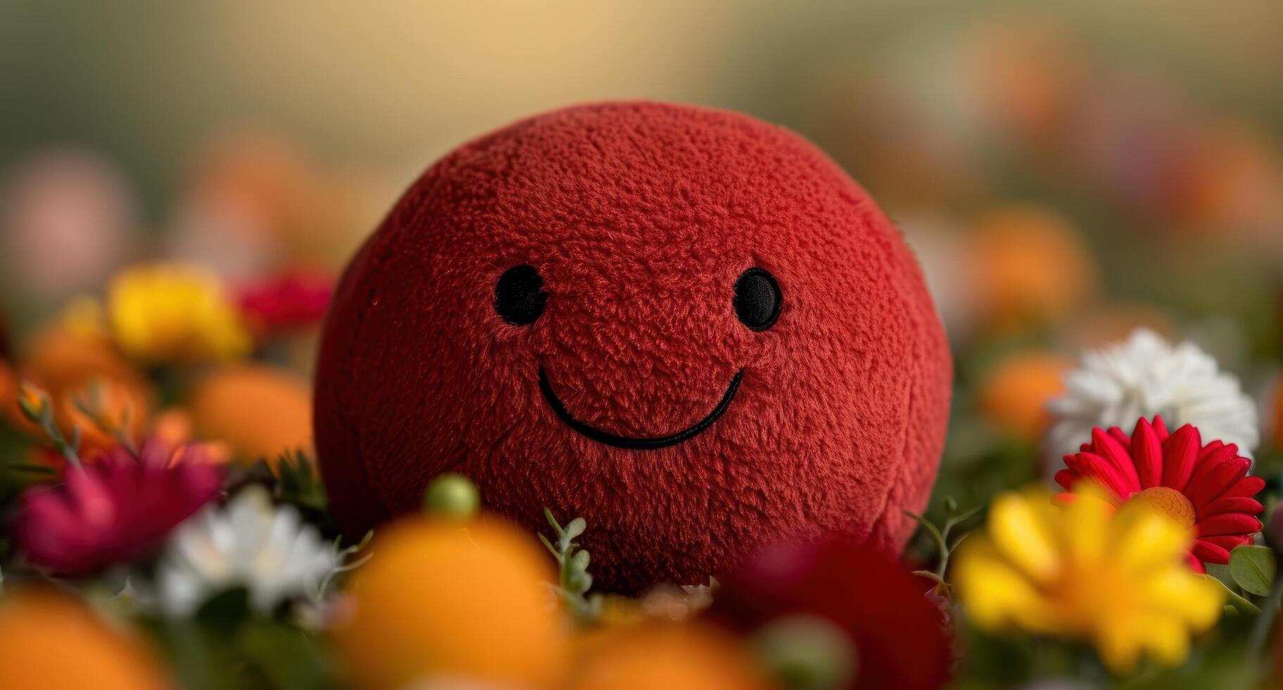 Cheerful red plush toy surrounded by colorful flowers photo