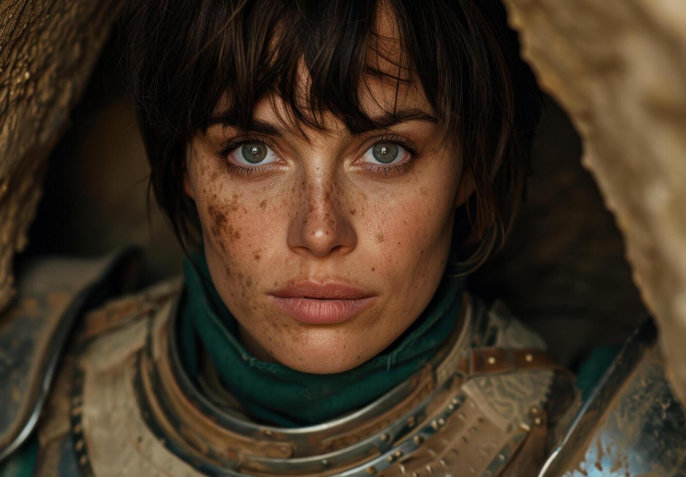 Pensive woman with green scarf and freckles photo