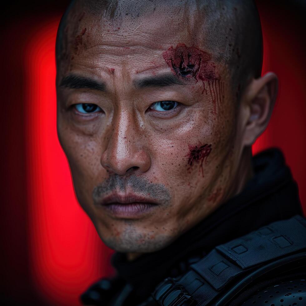 Injured military soldier with intense expression photo