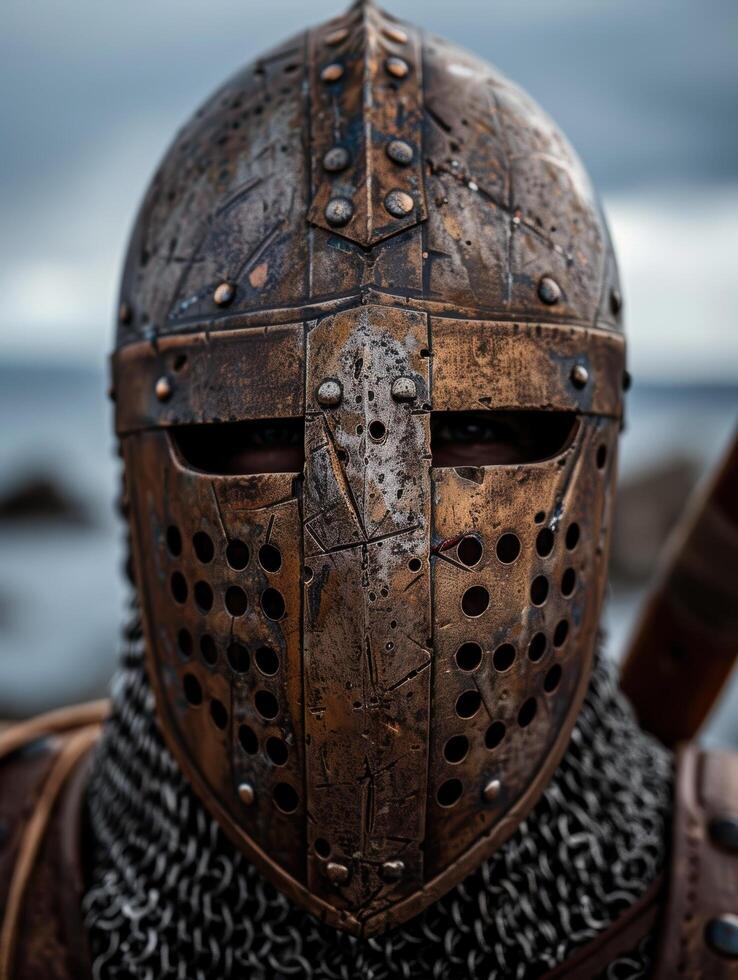 Weathered medieval knights helmet photo