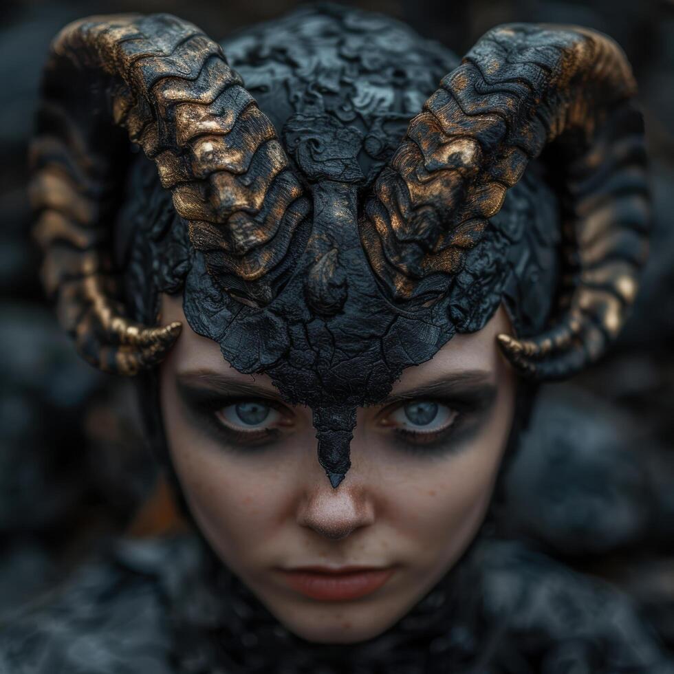 Mysterious dark fantasy portrait with horns photo