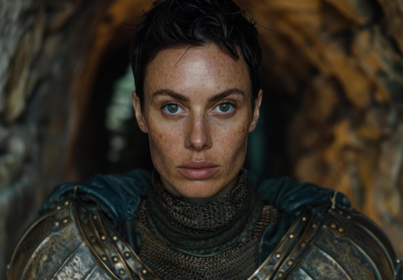 Intense gaze of a mysterious woman in a dark environment photo