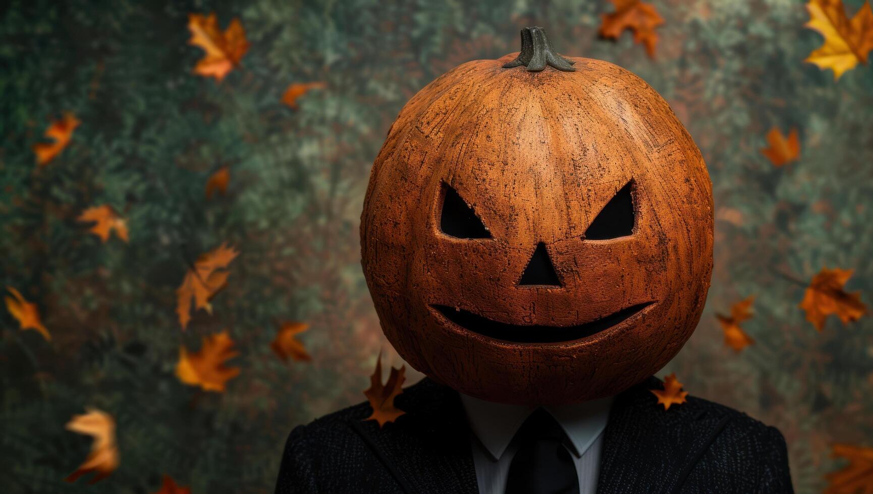 Pumpkin head in autumn leaves photo