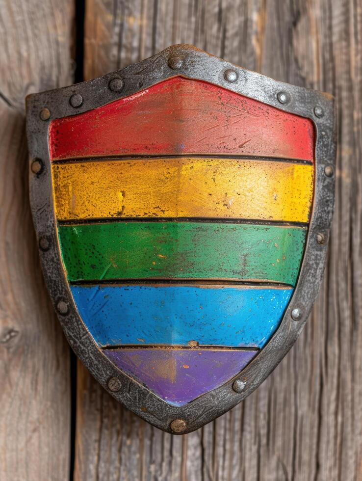 Colorful vintage shield on wooden background photo
