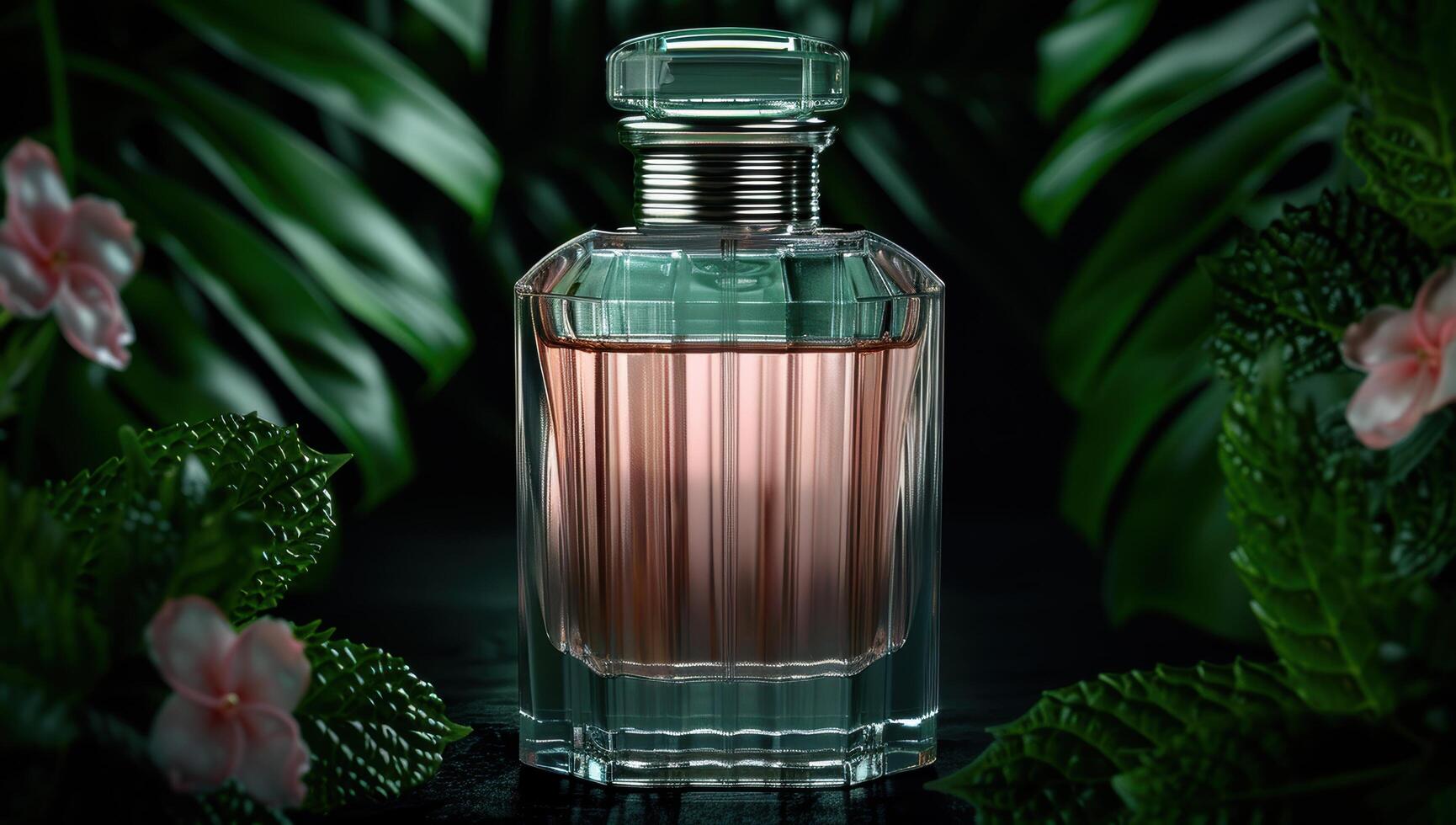 Elegant glass perfume bottle in lush green foliage photo