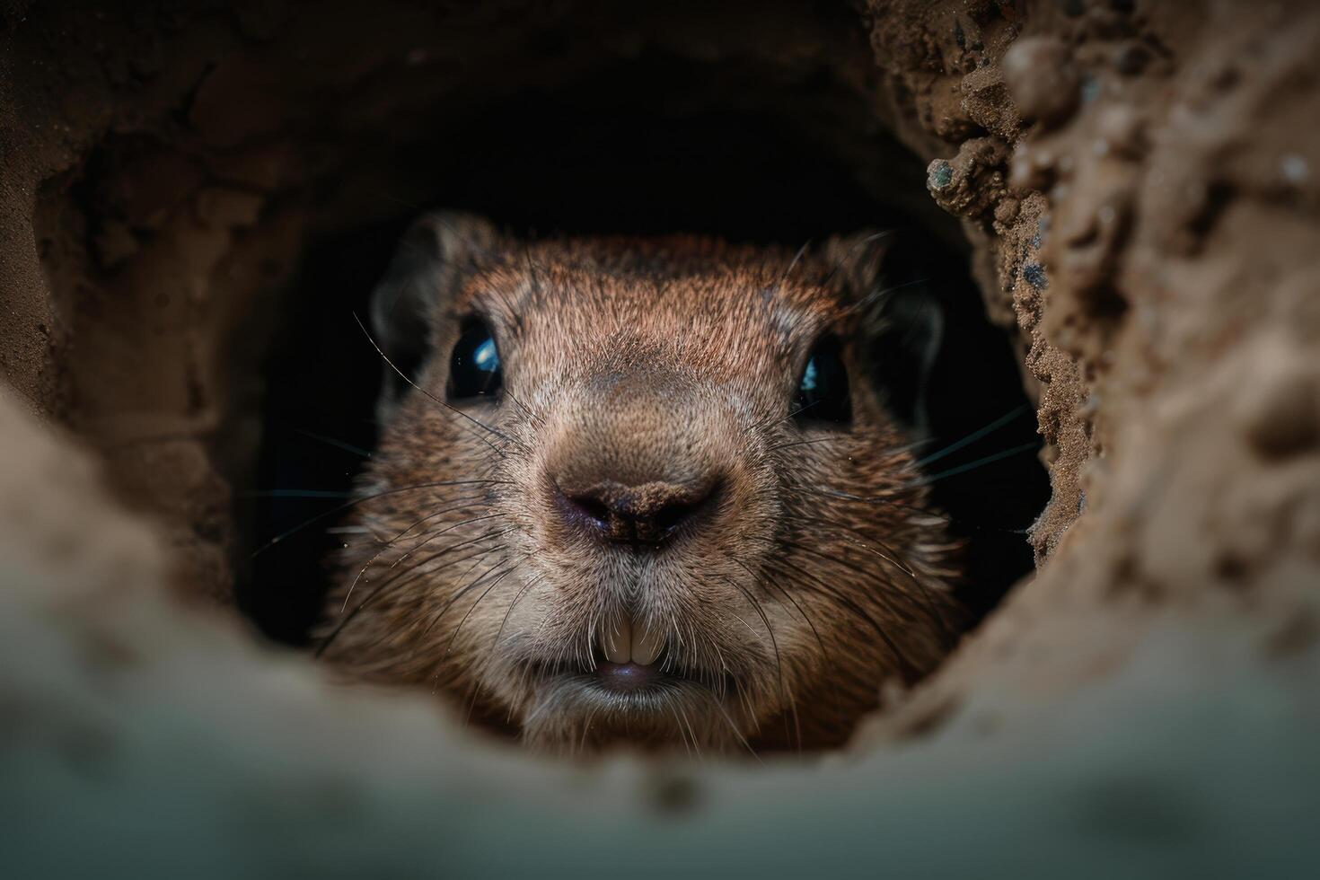 close up of a curious ground squirrel peeking out from its burrow photo