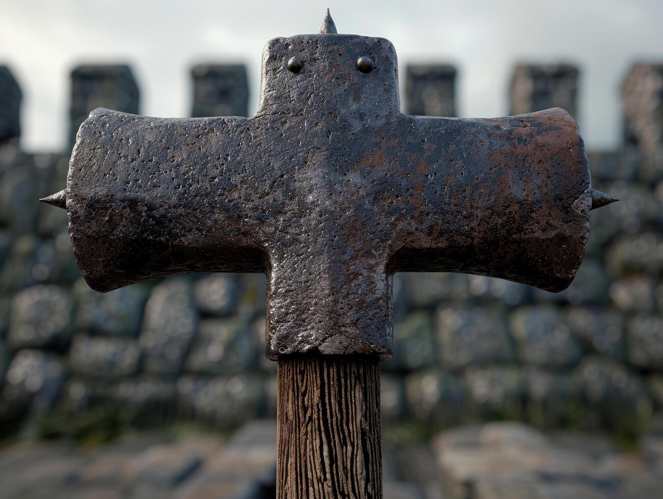 Rustic cross on wooden post photo