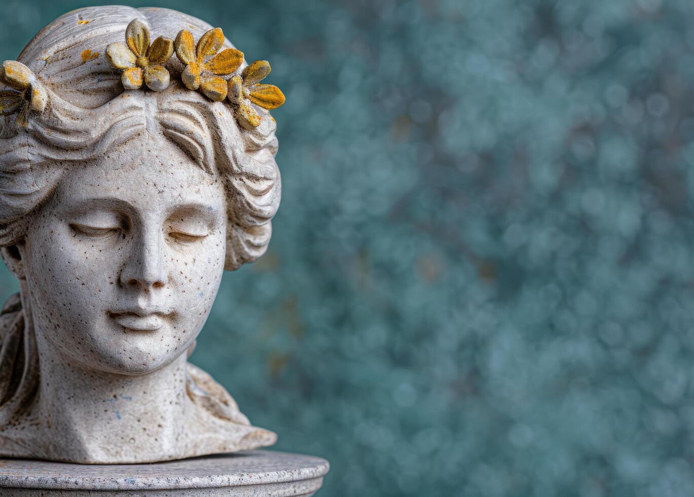 Serene stone statue with floral crown photo