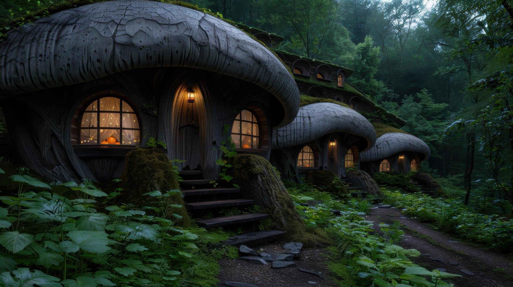 Enchanted mushroom shaped cottages in a lush forest photo