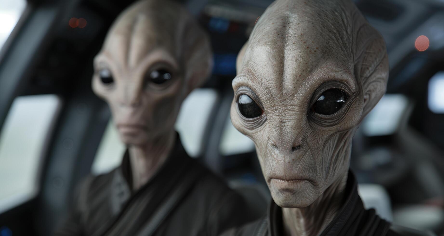 Close up of two alien beings in a spaceship photo