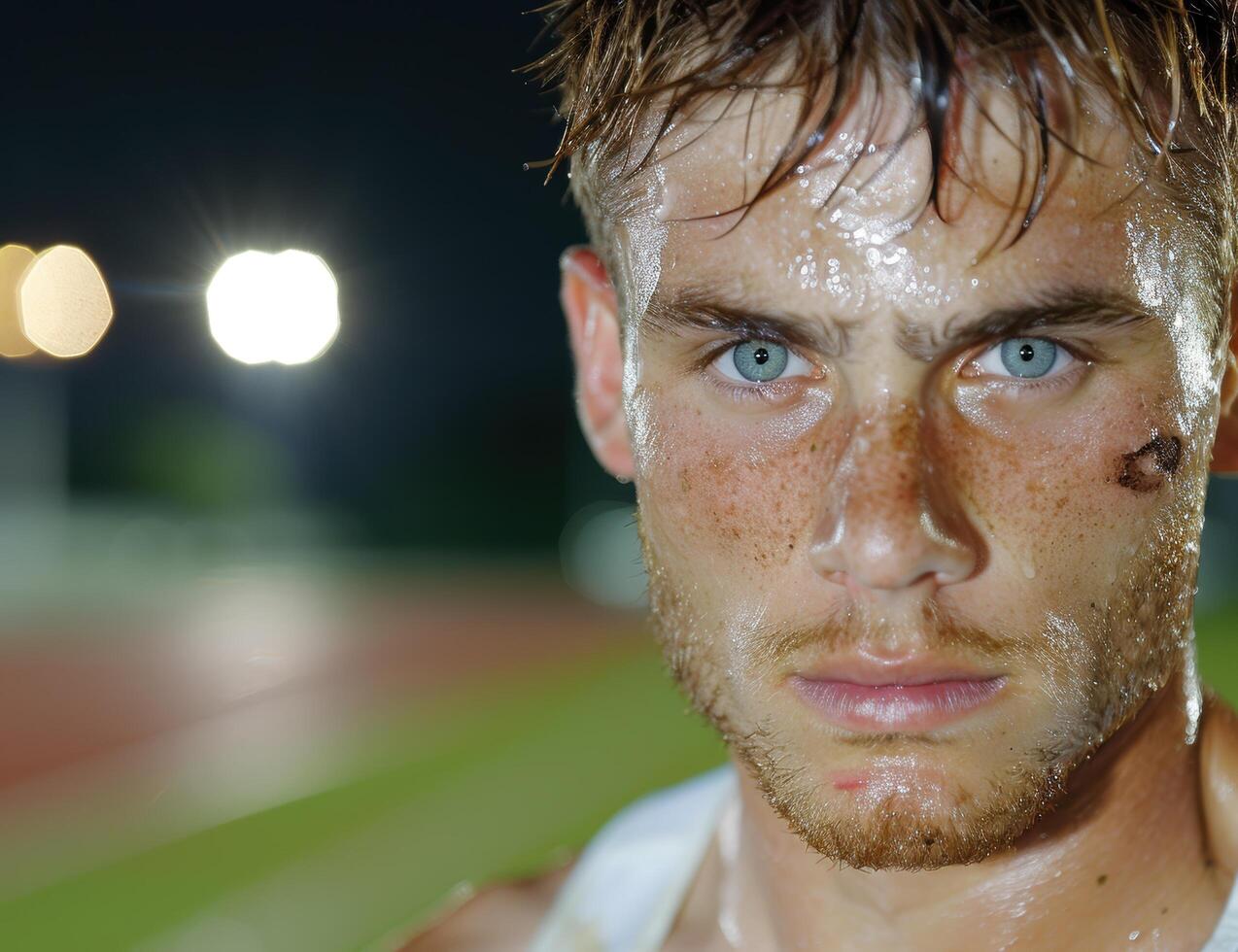 Intense gaze of a determined man with wet hair and freckles photo